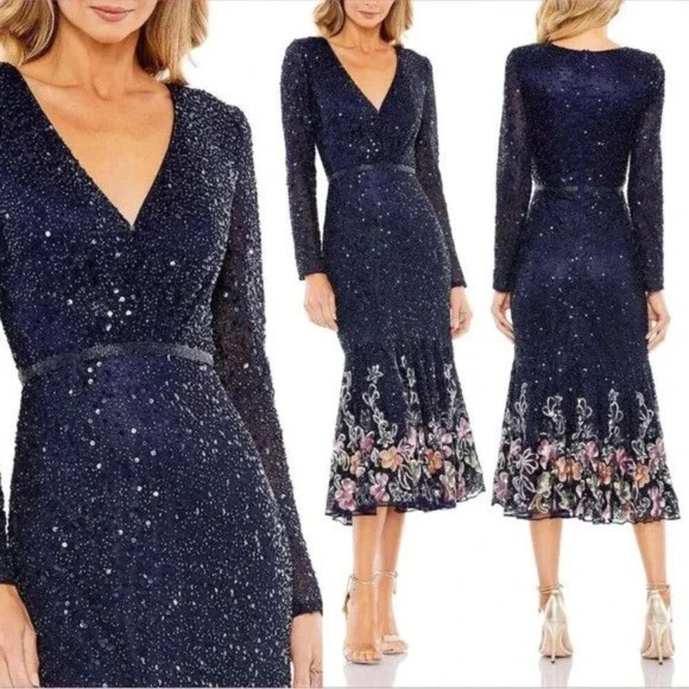 Mac Duggal Women's 5589 Floral Hem Long Sleeve Sequin Dress $598 size 4